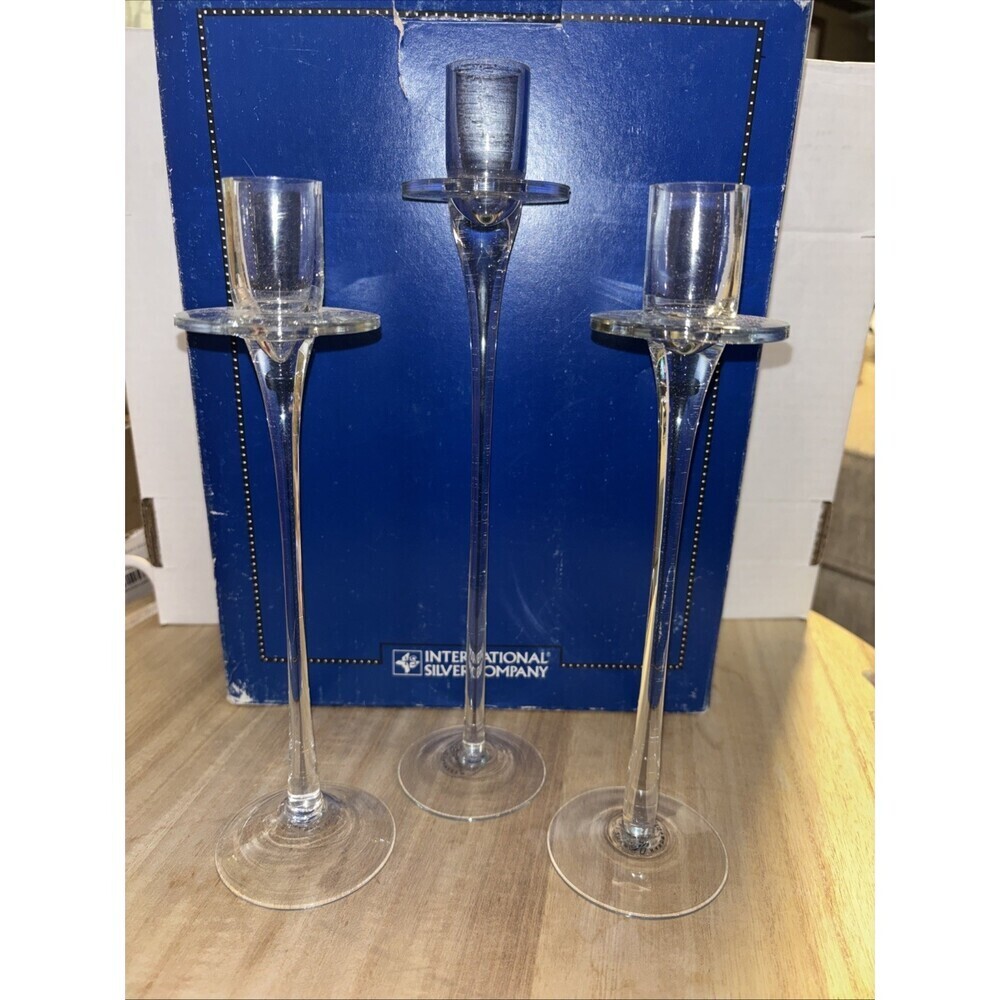 Vintage International Silver Co Clear Glass Long Stem Candle Holders Set of 3